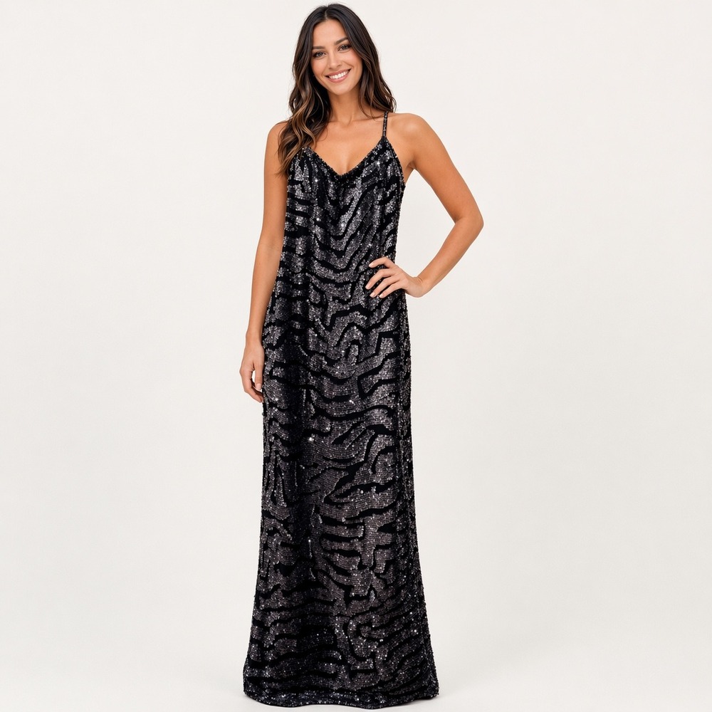 90s Mark & John by Gopal Vintage Large Silk Sequin Maxi Dress‎ Silver Zebra Prom